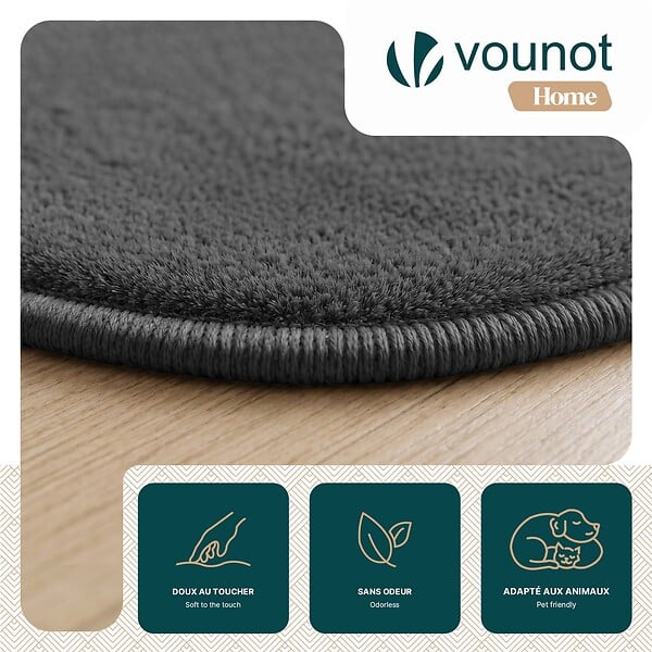 VOUNOT - Tapis de salon poils ras doux antiderapant ф160cm uni anthracite - large