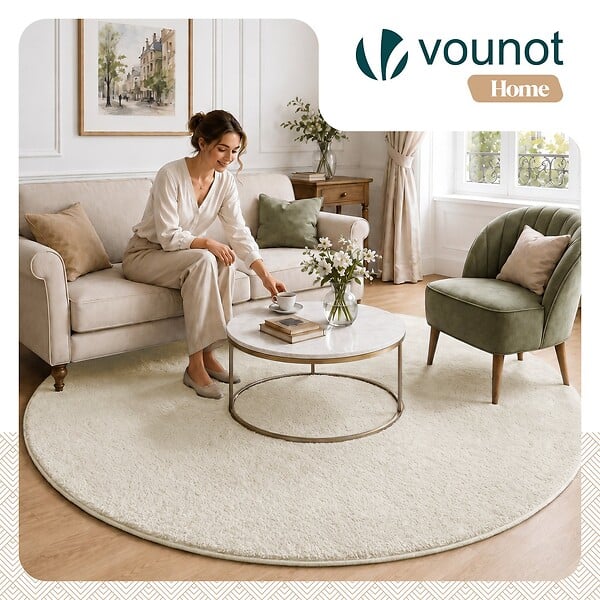 VOUNOT - Tapis de salon poils ras doux antiderapant ф200cm uni beige - large