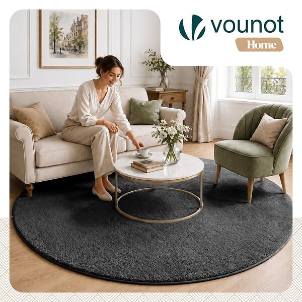 VOUNOT - Tapis de salon poils ras doux antiderapant ф200cm uni anthracite - large
