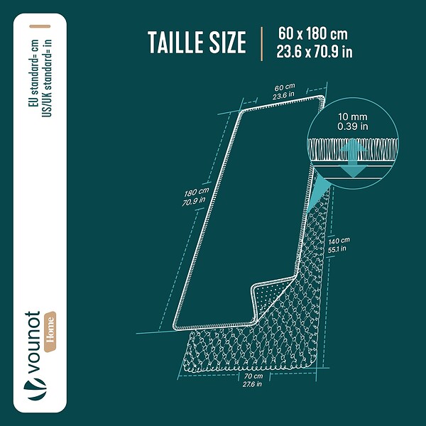 VOUNOT - Tapis de salon poils ras doux antiderapant 60x180cm uni crème - large