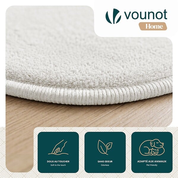 VOUNOT - Tapis de salon poils ras doux antiderapant ф160cm uni crème - large