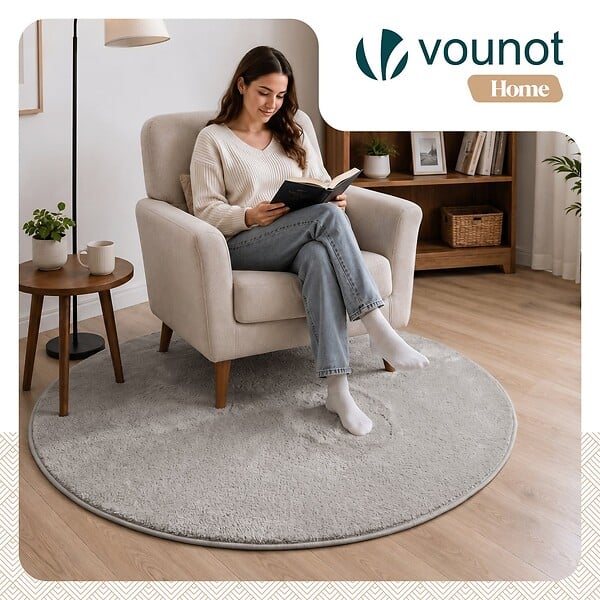 VOUNOT - Tapis de salon poils ras doux antiderapant ф120cm uni gris - large