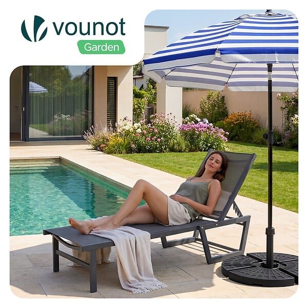 VOUNOT - Bain de soleil transat aluminium en textilene 190x62x31cm gris - large