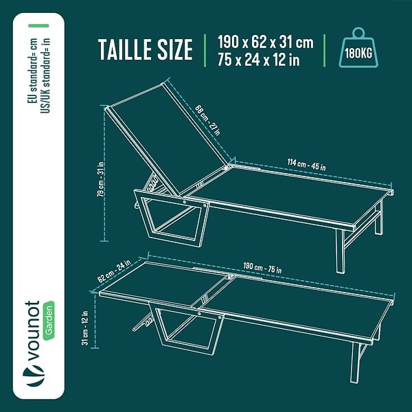 VOUNOT - Bain de soleil transat aluminium en textilene 190x62x31cm gris - large