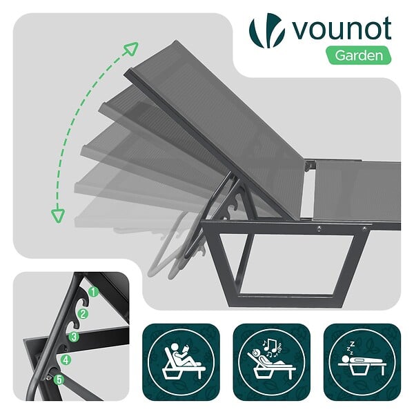 VOUNOT - Bain de soleil transat aluminium en textilene 190x62x31cm gris - large