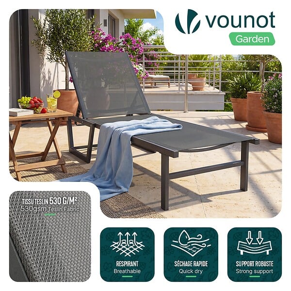 VOUNOT - Bain de soleil transat aluminium en textilene 190x62x31cm gris - large