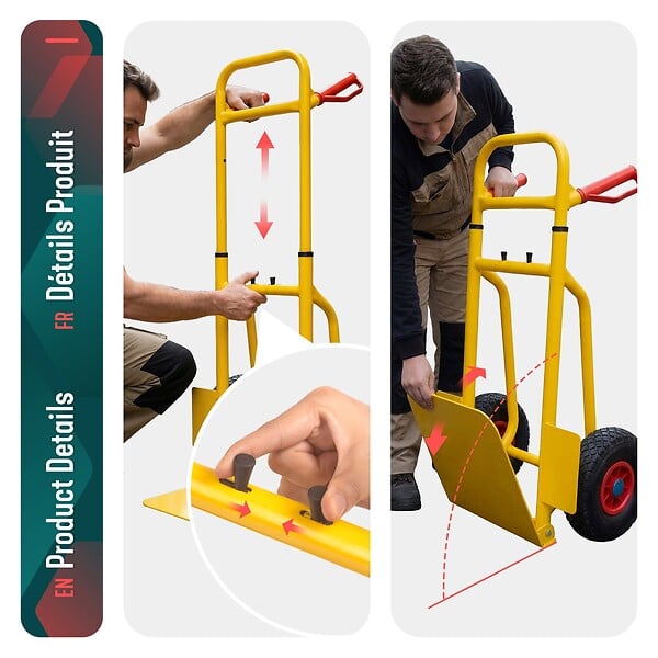 VOUNOT - Diable pliant chariot de transport avec roue pneumatique charge 200kg jaune - large