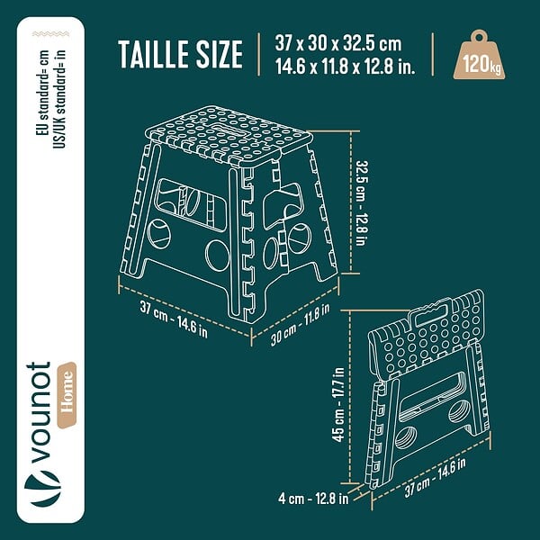 VOUNOT - Tabouret pliant antiderapant 37x30x32.5 cm plastique noir - large