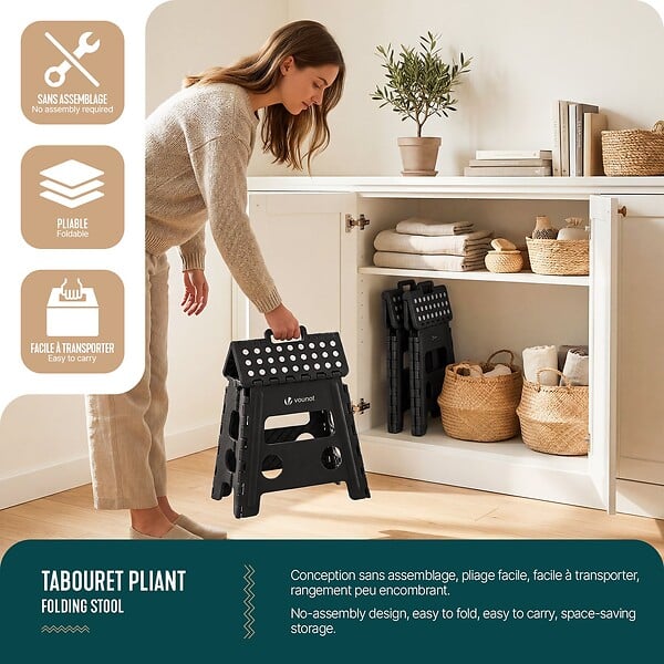 VOUNOT - Tabouret pliant antiderapant 37x30x32.5 cm plastique noir - large