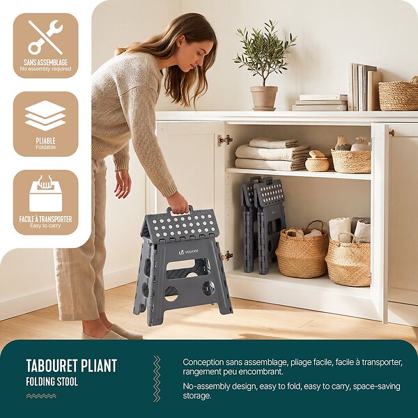 VOUNOT - Tabouret pliant antiderapant 37x30x32.5 cm plastique gris - large