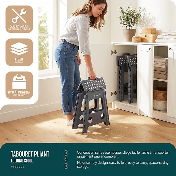 VOUNOT - Tabouret pliant antiderapant 39x32x40 cm plastique gris - large