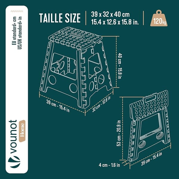 VOUNOT - Tabouret pliant antiderapant 39x32x40 cm plastique noir - large