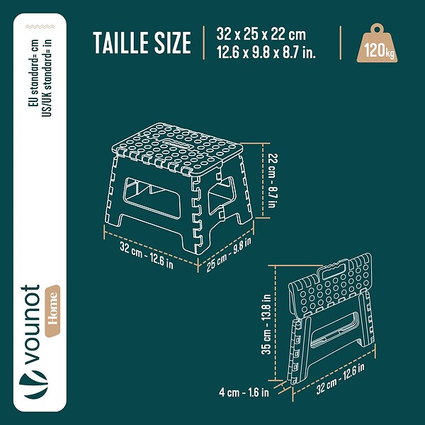 VOUNOT - Tabouret pliant antiderapant 32x25x22 cm plastique gris - large