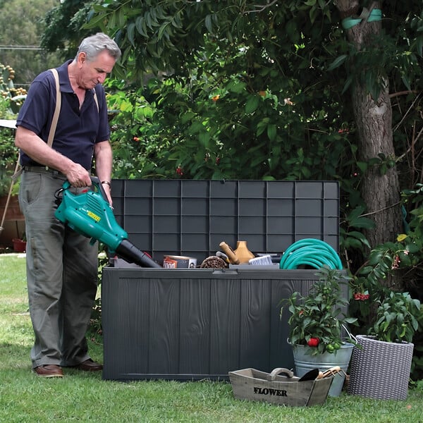 KETER - Keter Sherwood coffre de jardin 270 L en résine aspect bois graphite 117 x 45 x 57,5 cm (230415) - large