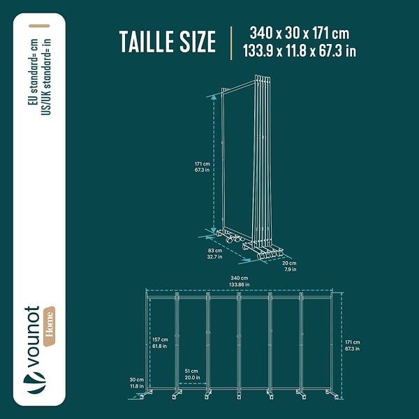 VOUNOT - Paravent interieur separateur avec roue 6 panneaux autoportant pliable 340 x 30 x 171 cm Anthracite - large