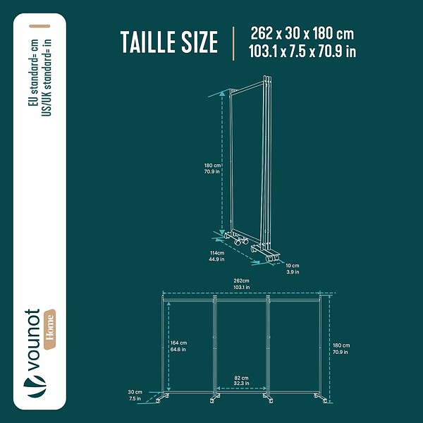 VOUNOT - Paravent interieur separateur avec roue 3 panneaux autoportant pliable 262 x 30 x 180 cm Anthracite - large