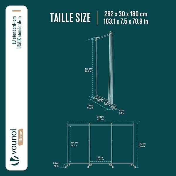 VOUNOT - Paravent interieur separateur avec roue 3 panneaux autoportant pliable 262 x 30 x 180 cm Beige - large