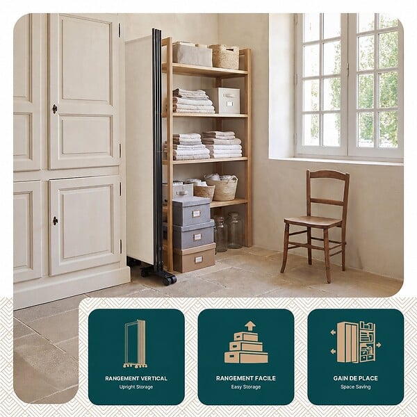 VOUNOT - Paravent interieur separateur avec roue 3 panneaux autoportant pliable 262 x 30 x 180 cm Beige - large