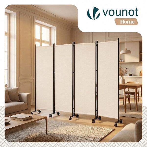 VOUNOT - Paravent interieur separateur avec roue 4 panneaux autoportant pliable 228x 30 x 171 cm Beige - large