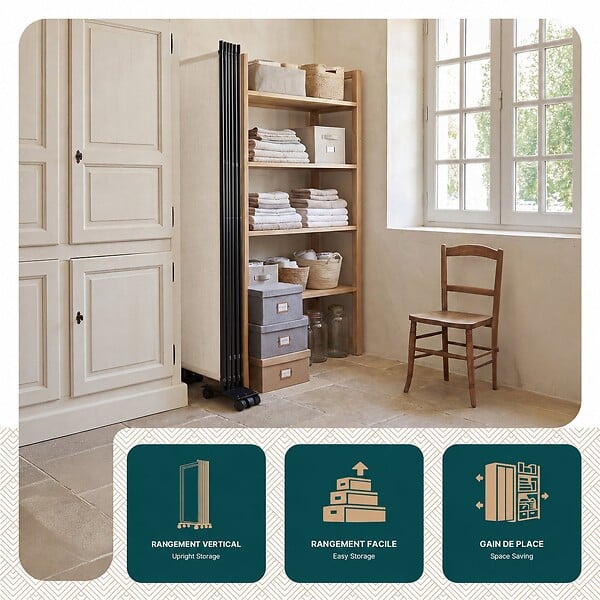 VOUNOT - Paravent interieur separateur avec roue 4 panneaux autoportant pliable 228x 30 x 171 cm Beige - large