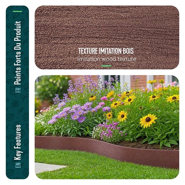 VOUNOT - Bordure de jardin PE flexible 10M x 8 CM avec piquets marron - large