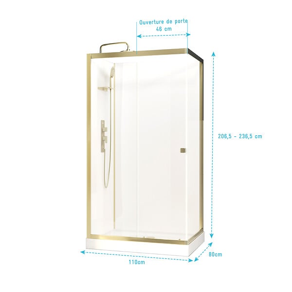 AURLANE - Cabine de douche Rectangle 110x80x206.5/236.5cm Blanche et Profilés Or Brossé - Receveur standard - large