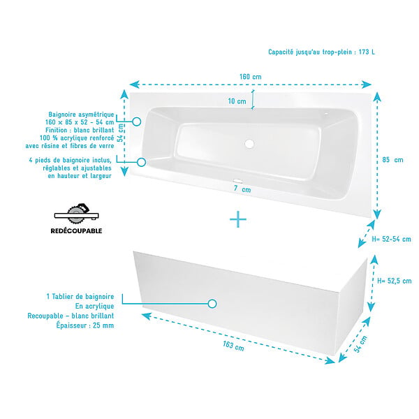ALLIBERT - Pack Baignoire Asymétrique Gauche 160x85x54 cm avec Tablier recoupable - Blanc Brillant - MARINA - large