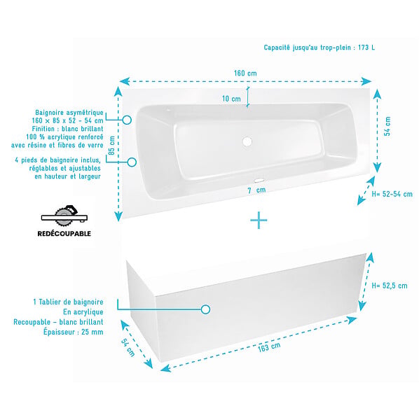 ALLIBERT - Pack Baignoire Asymétrique Droite 160x85x54 cm avec Tablier recoupable - Blanc Brillant - MARINA - large