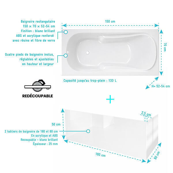 ALLIBERT - Pack Baignoire 150x70cm avec Tabliers recoupables 180cm et 80cm - Blanc Brillant - MAE - large