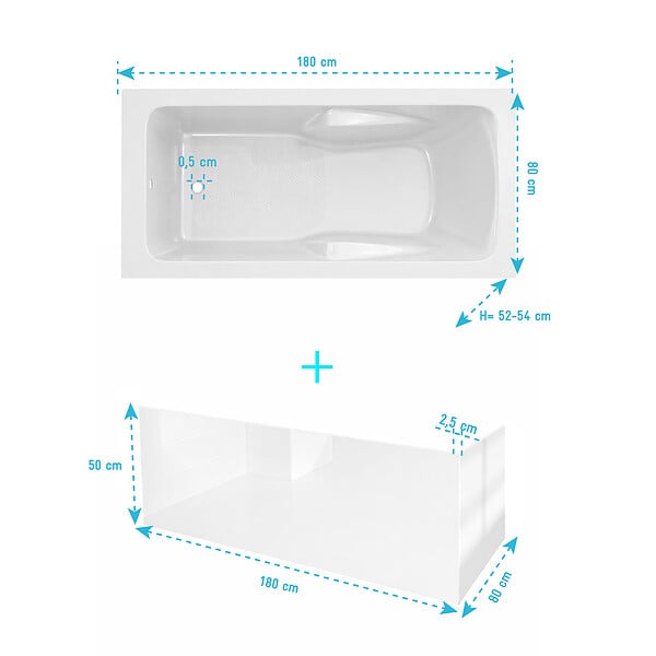 ALLIBERT - Pack Baignoire 180x80cm avec Zone Douche et Tabliers recoupables de 180 et 80cm Blanc Brillant - MAE - large