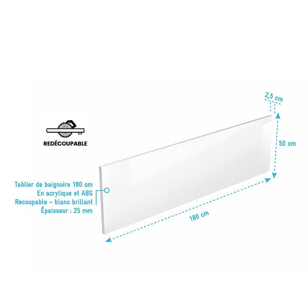 ALLIBERT - Tablier de Baignoire Blanc Brillant 180x50x2.5 cm - Acrylique et ABS - large