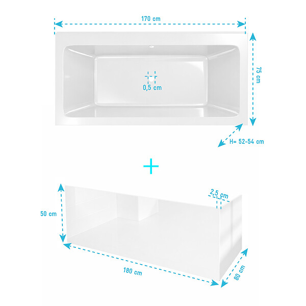 ALLIBERT - Pack Baignoire 170x75cm avec Tabliers recoupables 180cm et 80cm - Blanc Brillant - MAE SQUARE - large