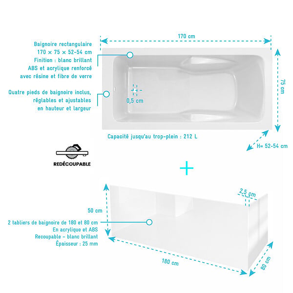 ALLIBERT - Pack Baignoire 170x75cm avec Zone Douche et Tabliers recoupables de 180 et 80cm Blanc Brillant - MAE - large