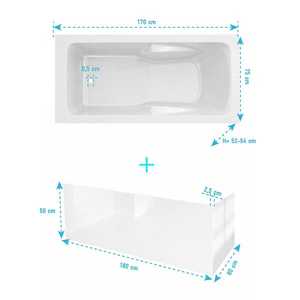ALLIBERT - Pack Baignoire 170x75cm avec Zone Douche et Tabliers recoupables de 180 et 80cm Blanc Brillant - MAE - large