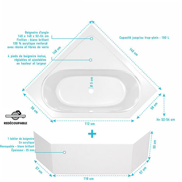 ALLIBERT - Pack Baignoire d'angle 140x140x54 cm avec Tablier recoupable - Blanc Brillant - MARINA - large