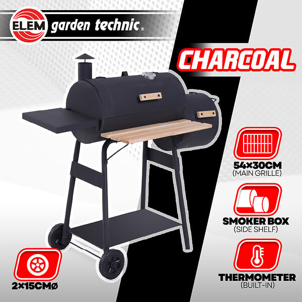 ELEM GARDEN TECHNIC - Barbecue charbon de bois, fumoir avec roues et thermomètre, surface de cuisson 59x25.5cm - large