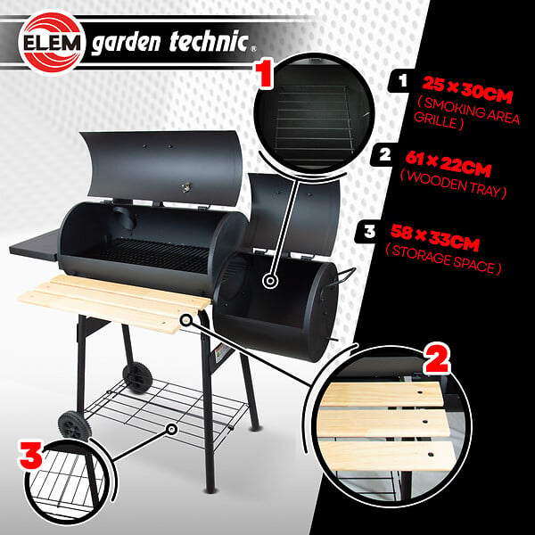 ELEM GARDEN TECHNIC - Barbecue charbon de bois, fumoir avec roues et thermomètre, surface de cuisson 59x25.5cm - large