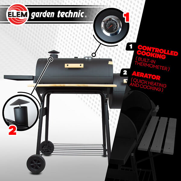 ELEM GARDEN TECHNIC - Barbecue charbon de bois, fumoir avec roues et thermomètre, surface de cuisson 59x25.5cm - large