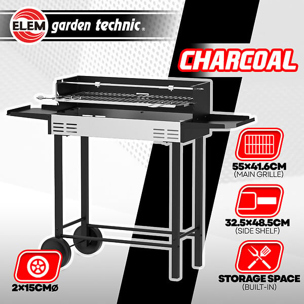 ELEM GARDEN TECHNIC - Barbecue charbon de bois avec roues et broche, surface de cuisson 68x33cm - large