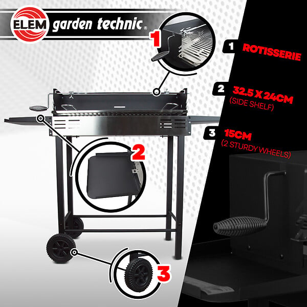 ELEM GARDEN TECHNIC - Barbecue charbon de bois avec roues et broche, surface de cuisson 68x33cm - large