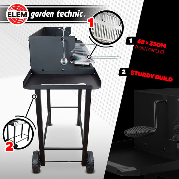 ELEM GARDEN TECHNIC - Barbecue charbon de bois avec roues et broche, surface de cuisson 68x33cm - large