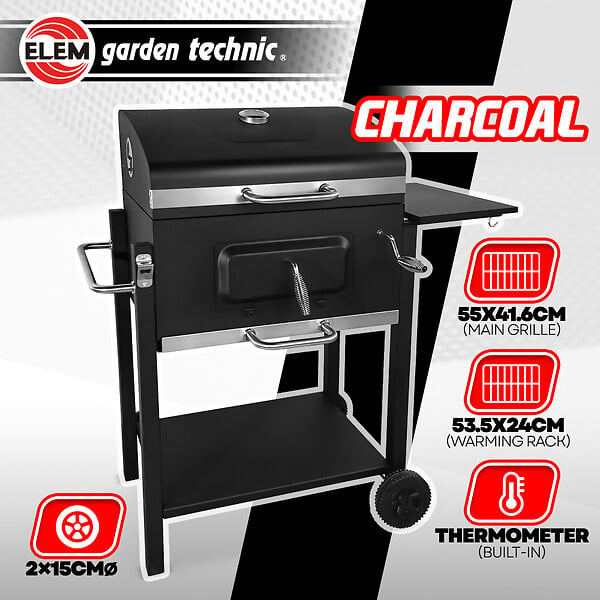 ELEM GARDEN TECHNIC - Barbecue charbon de bois avec roues et thermomètre, surface de cuisson 55x41.6cm - large