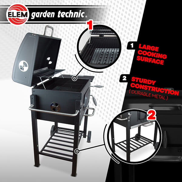 ELEM GARDEN TECHNIC - Barbecue charbon de bois avec roues et thermomètre, surface de cuisson 55x41.6cm - large