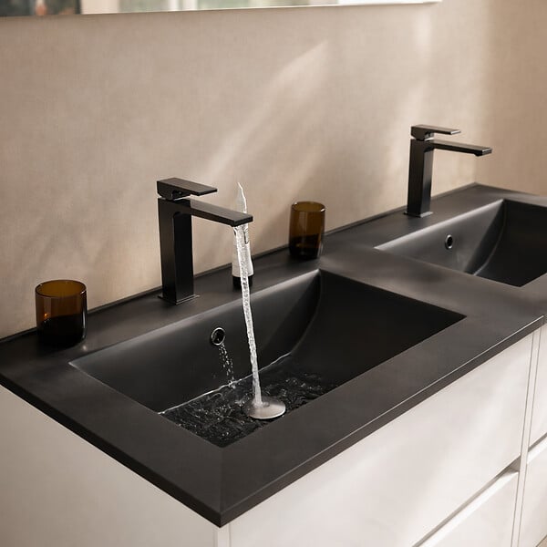 AURLANE - Meuble de salle de bains 120cm Blanc 6 Tiroirs et Vasque Double Céramique Noire - XENOS - large