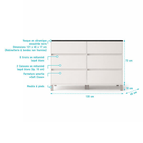 AURLANE - Meuble de salle de bains 120cm Blanc 6 Tiroirs et Vasque Double Céramique Noire - XENOS - large