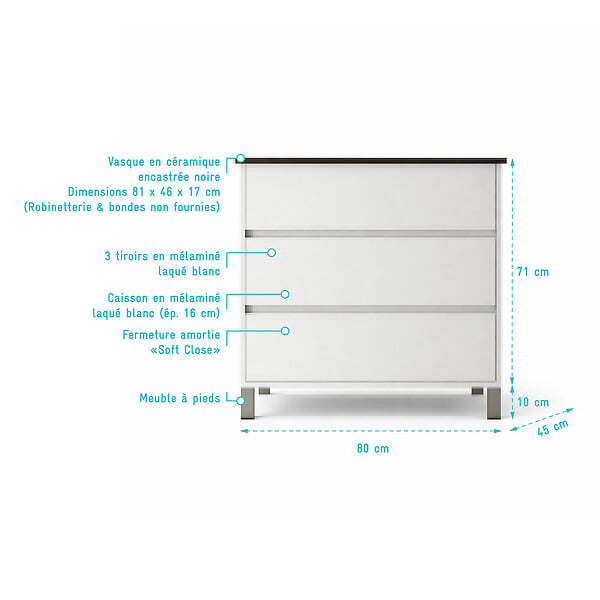 AURLANE - Meuble de salle de bains 80 cm Blanc 3 Tiroirs et Vasque Céramique Noire - XENOS - large