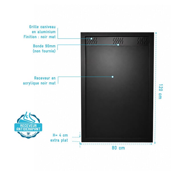 AURLANE - Receveur en Acrylique Noir 80x120x4 cm - Grille Linéaire Noire - WHITENESS II - large