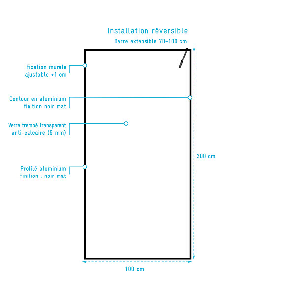 AURLANE - Paroi de Douche 100x200cm Verre trempé 5mm - Cadre et Bras Aluminium NOIR MAT - DARK CONTOURING - large