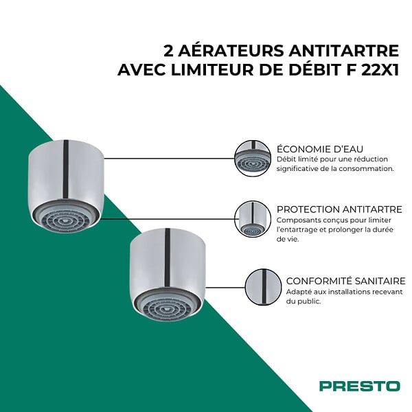 PRESTO - Lot de 2 aérateurs antitartre avec limiteur de débit 1,9 l/min F 22x1 chromé - large