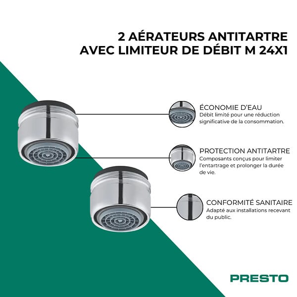 PRESTO - Lot de 2 aérateurs antitartre avec limiteur de débit 3 l/min M 24x1 chromé - large